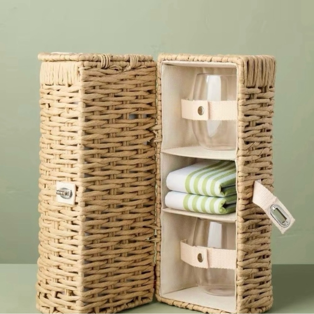 Hearth and Hand Woven Wicker Wine Basket Bottle Carrier Bag Red Strap & Glasses - Picture 2 of 6